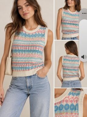 Sleeveless Fair Isle Knit Tank Top in Cream and Pastel
